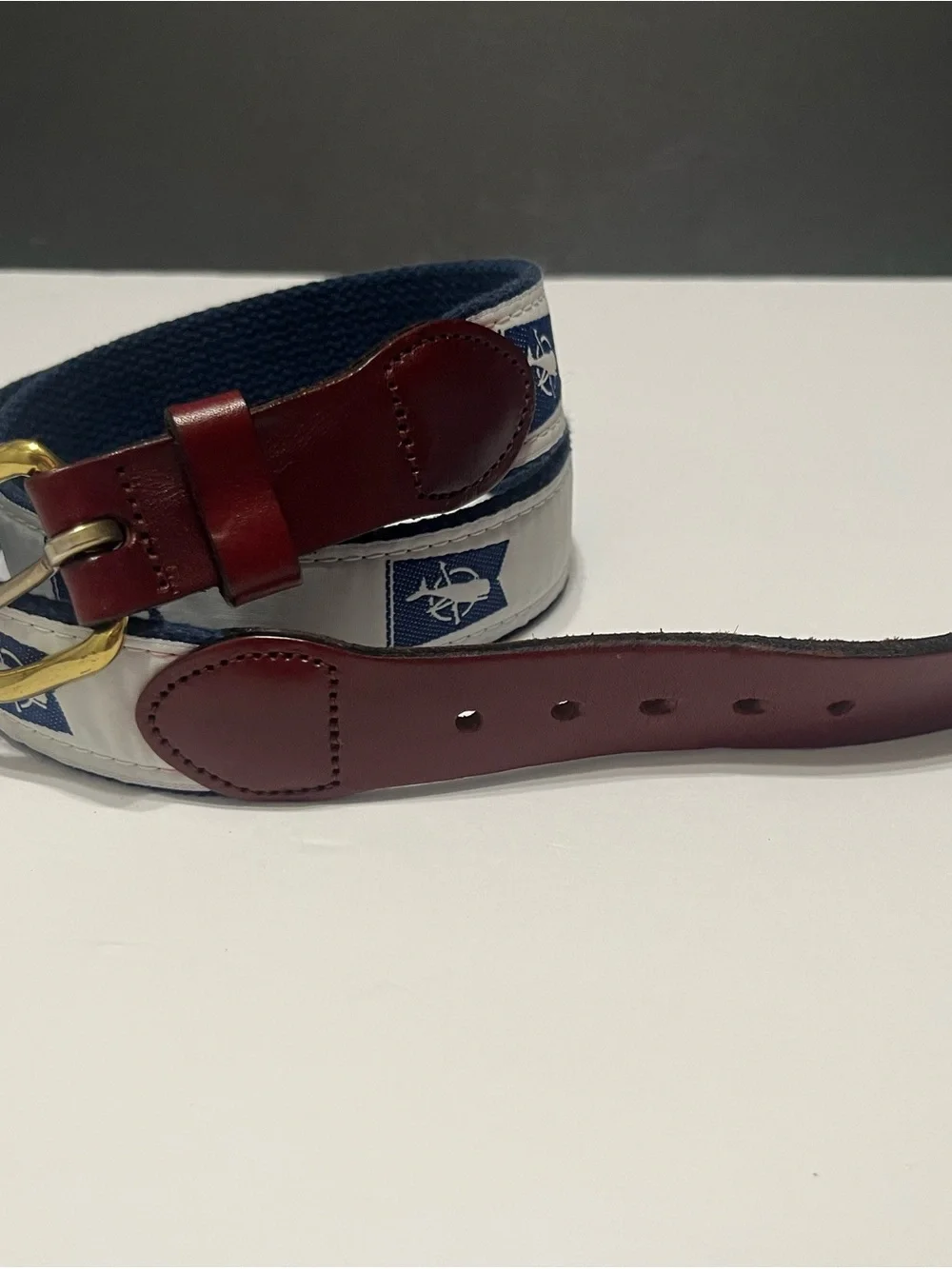 Nautical Canvas Belt with Brown Leather Trim size 34 - Picture 2 of 14